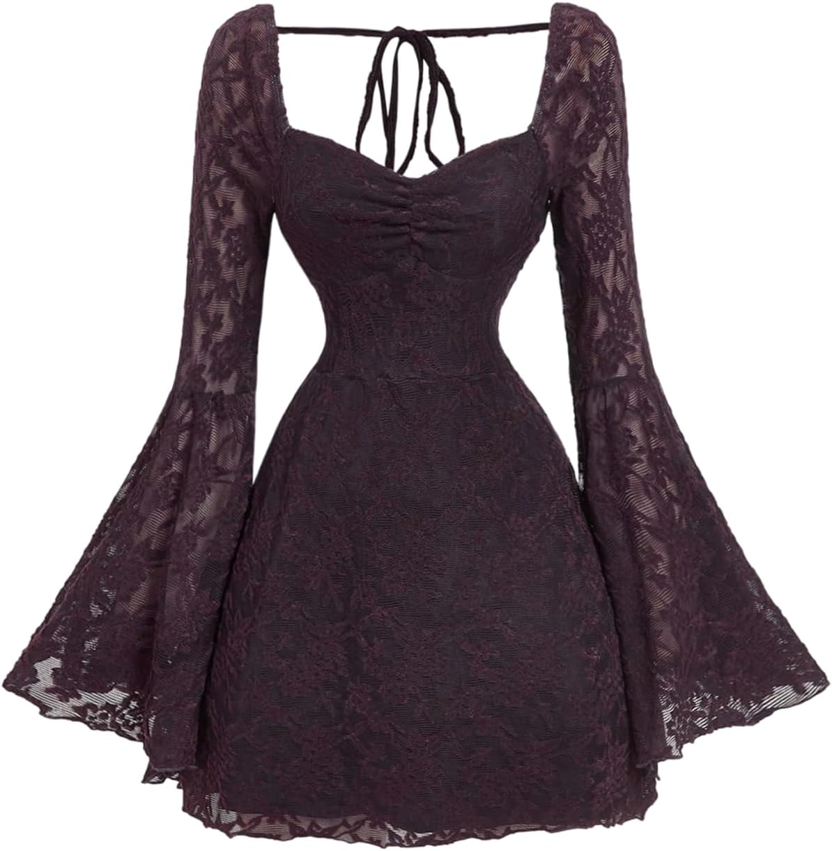 WDIRARA Women's Floral Jacquard Gothic Bell Long Sleeve Dress | Mesh , A Line, Vintage