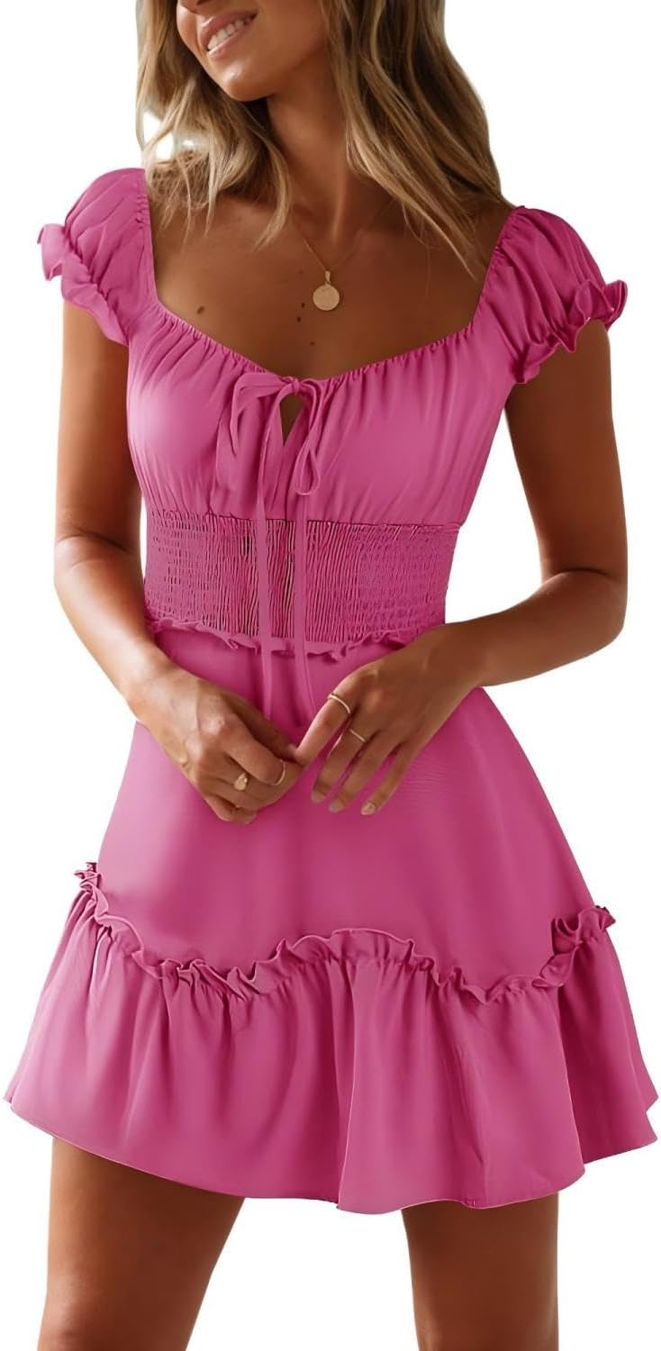 YOBECHO Women Summer Sundress Cap Sleeve Sweetheart Neck Print Mini Dress | Sundresses, Smocked Waist, Boho Floral, Flowy Ruffle Hem, Beach, Country Concert, Date Night