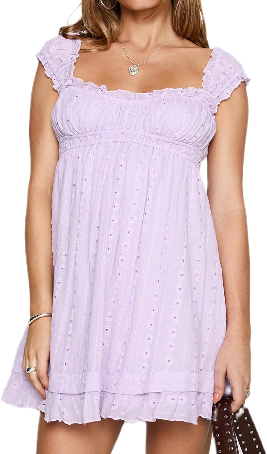 Cjfdfy Women's Floral Embroidered Babydoll Mini Dress | Summer Sundress, Casual Loose Fit, A-Line Flowy, Sleeveless Square Neck, Ruffle Thick Strap, Beach Vacation Country Clothes