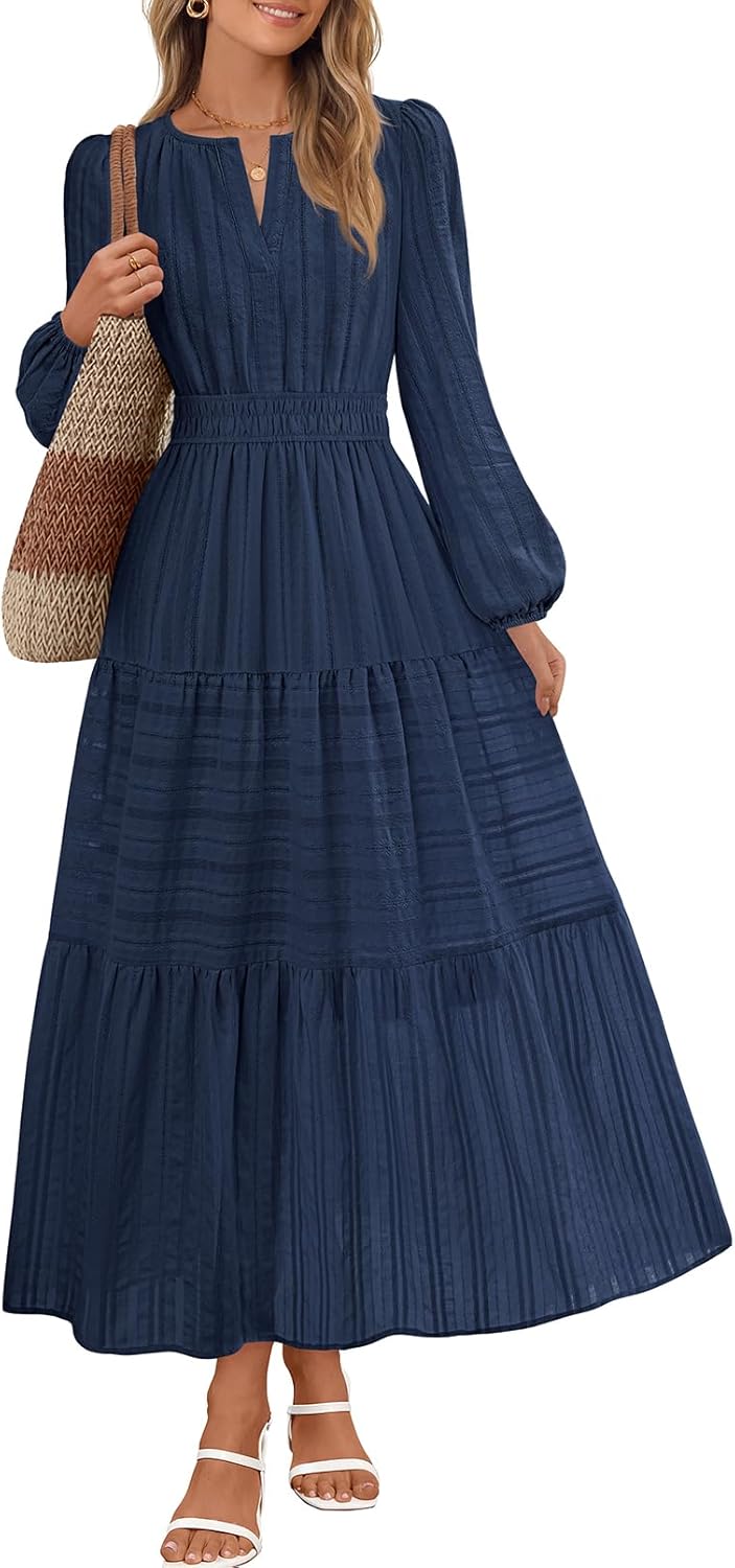 MEROKEETY Womens Fall Puff Long Sleeve Casual V Neck Modest Midi Maxi Dress | 2026, Cotton, with Pockets, Eyelets, Shirred Waist, Tiered, Lined, Winter, Boho, Relaxed Fit, Church, Elegant, Bridal Shower