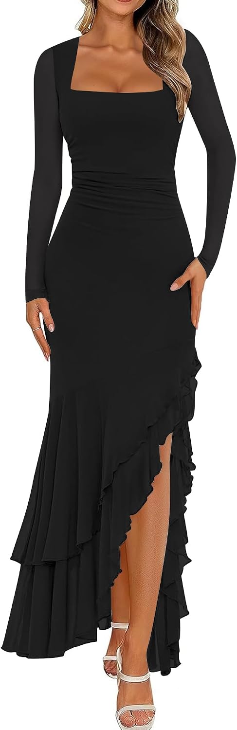 BORIFLORS Women's Bodycon Fall Wedding Guest Long Sleeve Maxi Dress | Mermaid Ruffle, Square Neck, Ruched Mesh,Winter, Elegant, Cocktail Formal Long Dresses