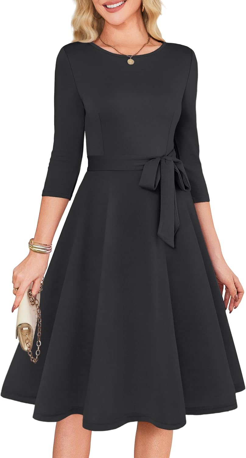 RUMIA Womens Cocktail Dresses 3\/4 Sleeve Dress with Belt (XS-3XL) | Wrinkle-resistant & Tummy-flattering Vintage Fit. Ideal for Wedding Guest, Church, Work, Vacation & Holiday events.