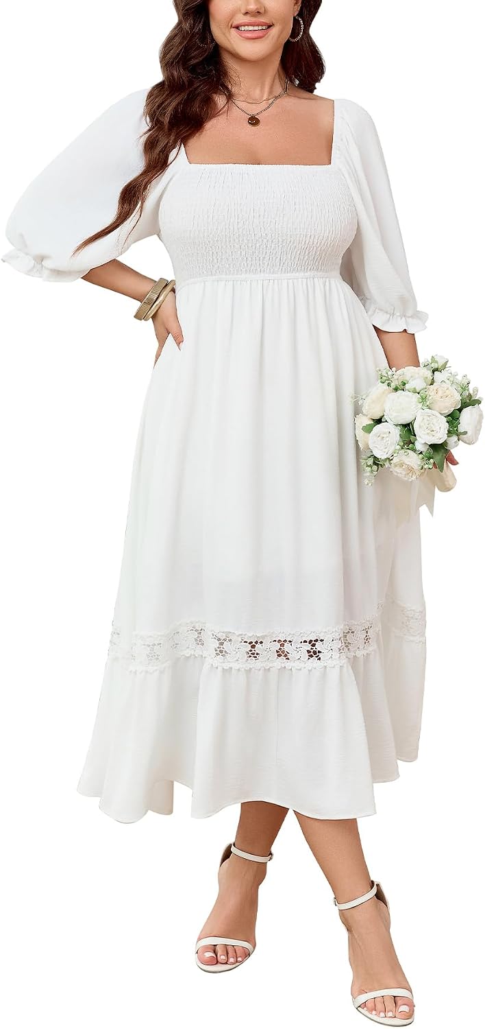 SCOMCHIC Womens 2026 Plus Size Fall Dresses White Bridal Shower Maxi Dress | Square Neck, Smocked, Spring, Flowy A-Line, Lace Trim, Boho, Wedding Guest, Tea Party Dress