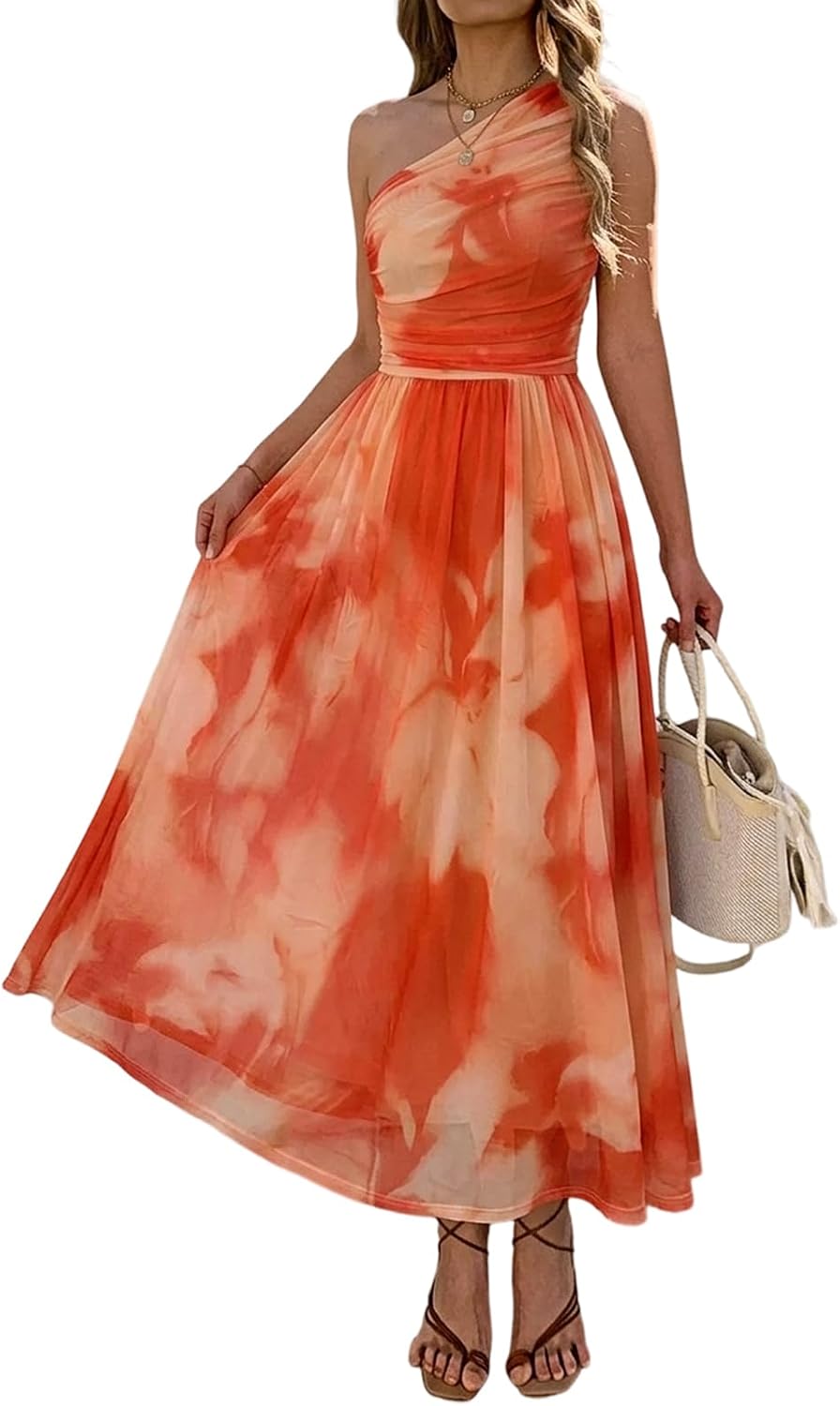 Evzeiem Women One Shoulder Floral Wedding Guest Maxi Dresses | Spring Summer Boho Beach Vacation Resort Dress,Flowy Party Garden Cruise Outfit Sundress, Ruched Mesh Night Out Formal Dress