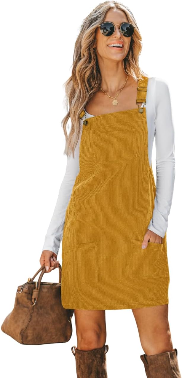 CUPSHE Women Corduroy Square Neck Wide Strap Fall Overall Mini Dress | Velvety Ribbed Texture, Front Bib Pocket, Utility Patch Pouches, High-Looped Buckle Fasteners, Casual Warm Autumn Outfits