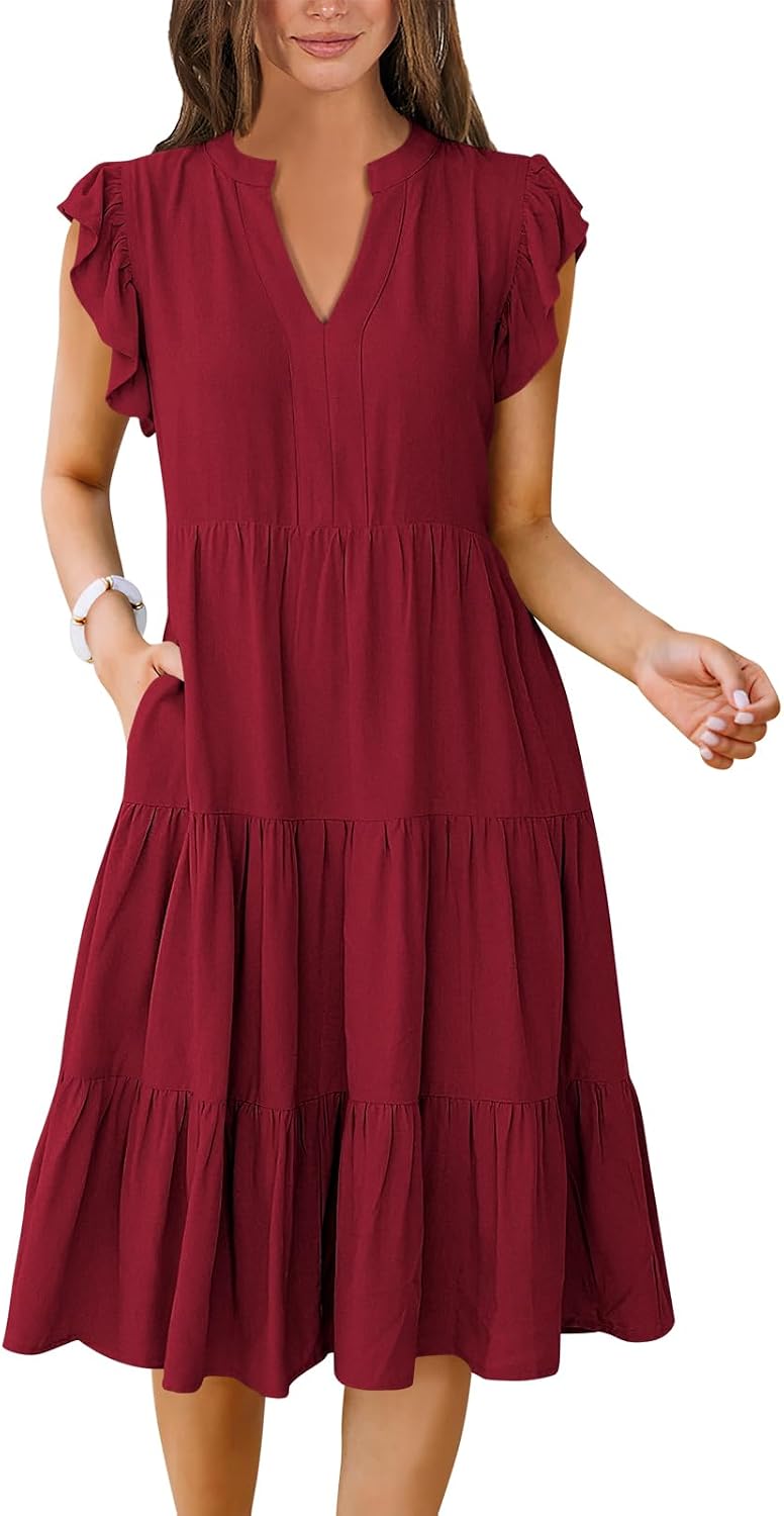 ANRABESS Womens Summer Dress Ruffle Sleeve V Neck Midi Dresses | Flowy Tiered Boho Beach Sundress, Casual Fit Knee Length, Fashion Vacation Work Outfits 2026