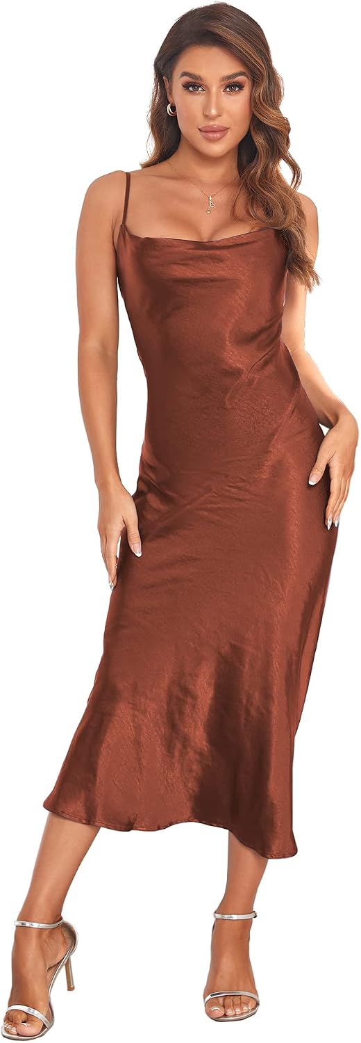 Women's Spaghetti Strap Midi Satin Silk Dresses Slip Cowl Neck Party Cocktail Evening Sexy Dress