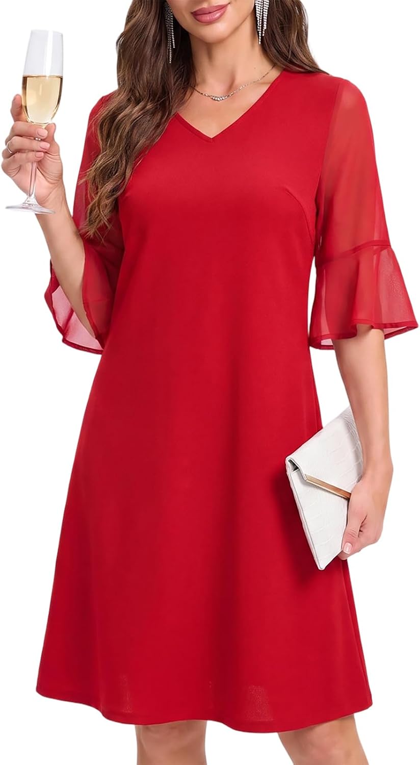 oten Women's Chiffon Wedding Guest Formal Cocktial Dinner Short Party Dress | Chiffon Half Bell Sleeve, V Neck, A-Line,Knee Length, Tummy-Flattering Fit, Short Cocktail Dress,Elegant Party Dress