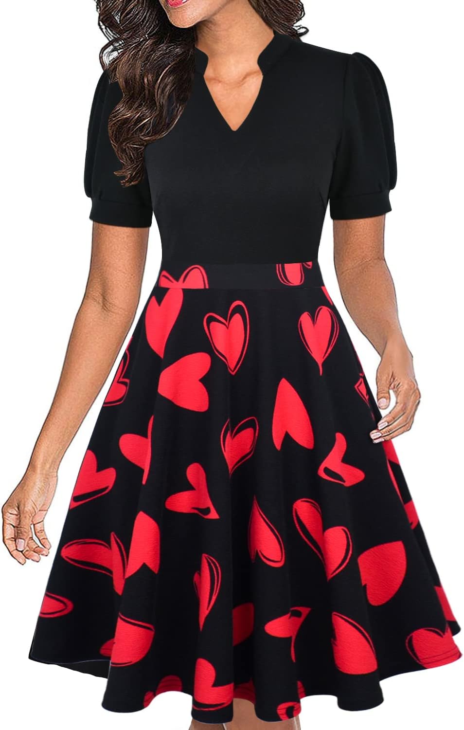 Mokayee Womens Summer Short Puff Sleeve Casual Semi-Formal Fit and Flare Church Wedding Guest Work Dresses with Pockets