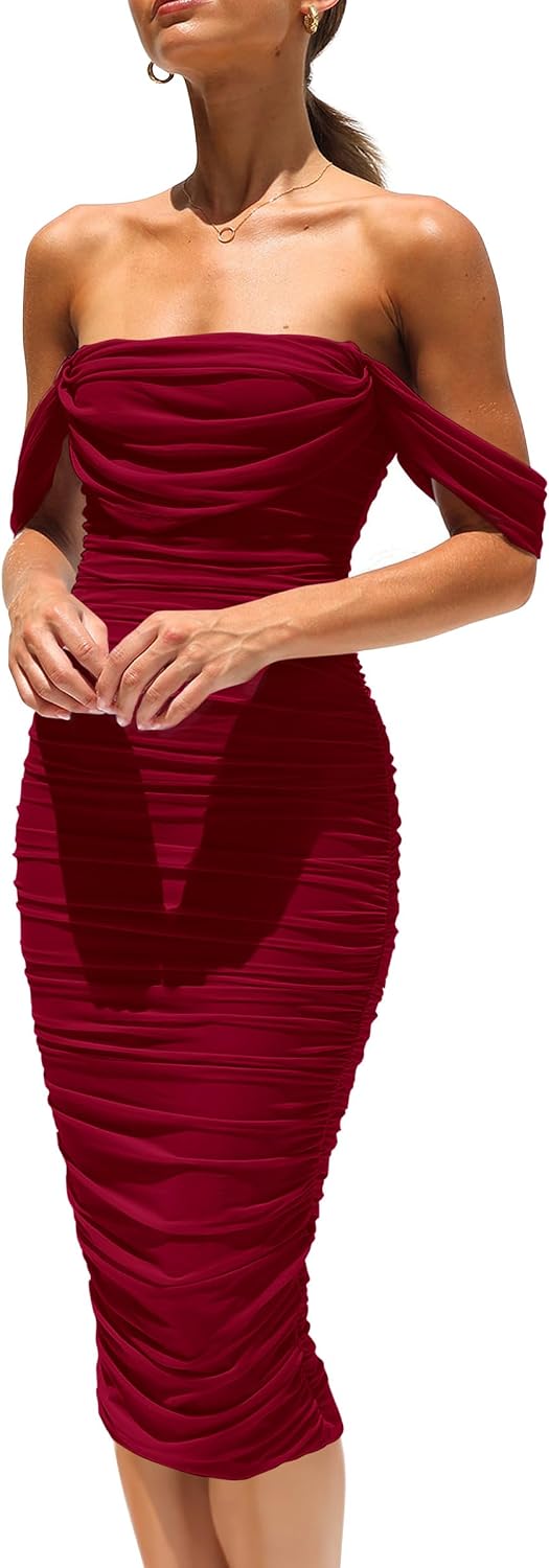PRETTYGARDEN Women's Off Shoulder Bodycon Tube Midi Dress | Stretchy Ruched Mesh, Draped Sleeves, Elegant Dinner Party Dresses, Spring Summer Outfits for Wedding, Homecoming, Date Night
