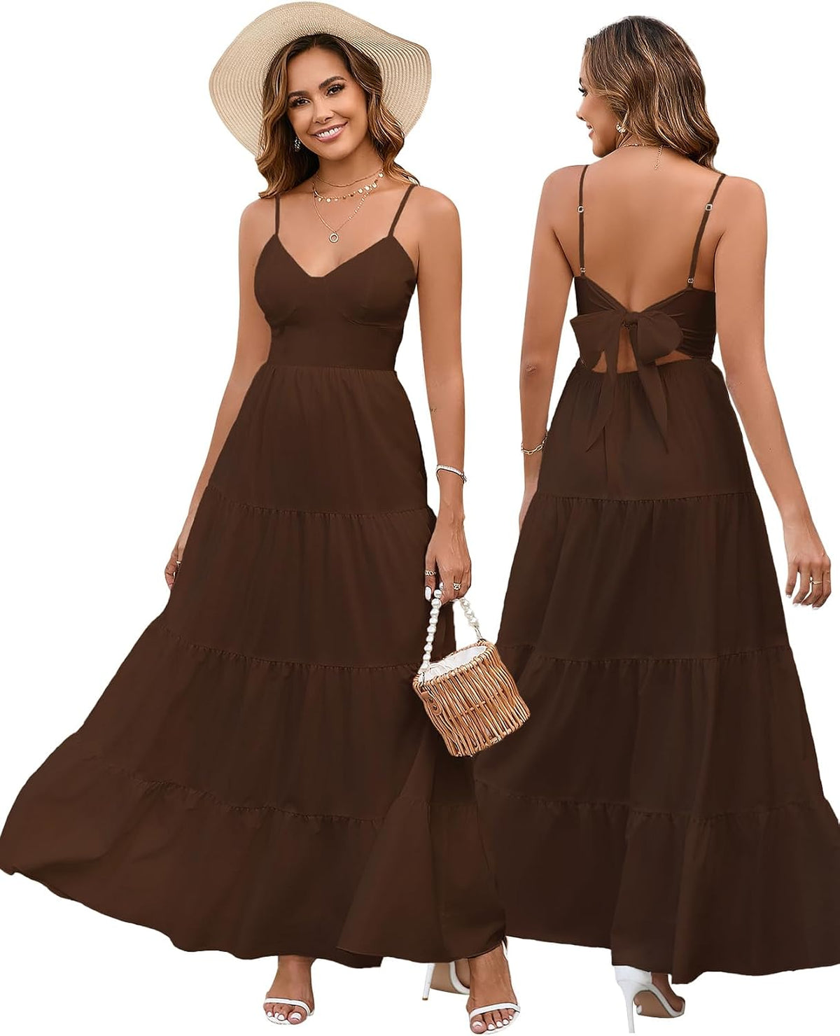 HTZMO Women Summer Floral Maxi Sundress Boho Beach Long Dress | Wedding Guest Bridal baby Shower Vacation Party Dresses 2026, Bow Tie A Line Flowy V Neck Spaghetti Strap