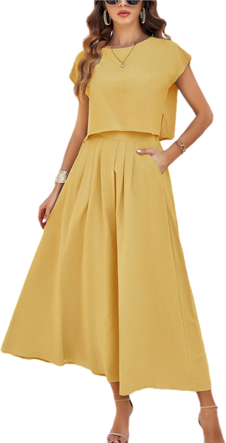 HangNiFang Summer Skirt Sets Women 2 Piece Outfits Maxi Dress Sets Pocketed | Cap Sleeve Side Split Tops, Elastic Waist Maxi Dress, Two Piece Skirt Sets, Two Side Pockets, Flowy Skirt, Cool Fabric