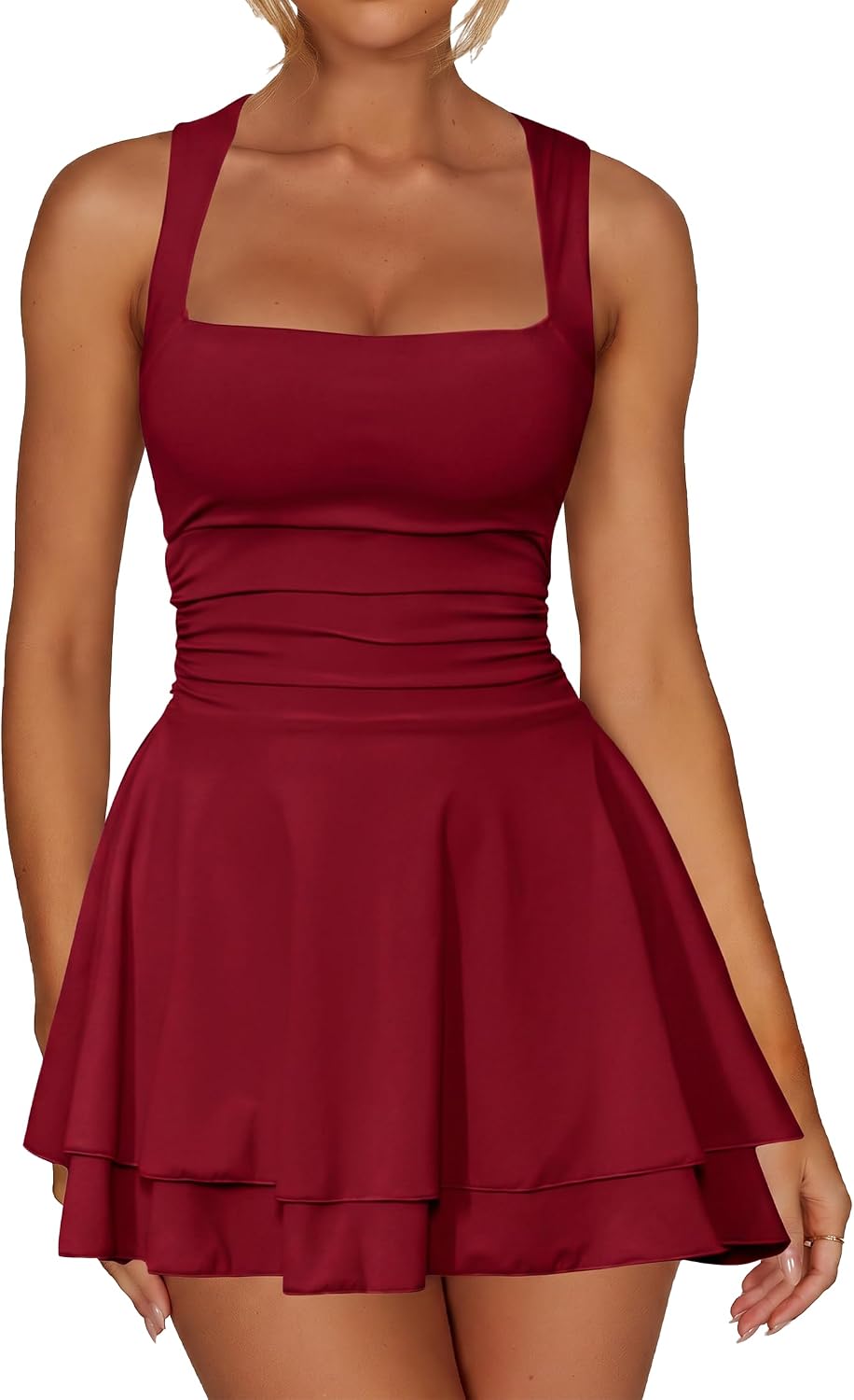 Kaximil Women's Square Neck Ruffle Hem Party Mini Dress | A Line Corset Ruched Waist Cute Birthday Homecoming Short Dresses