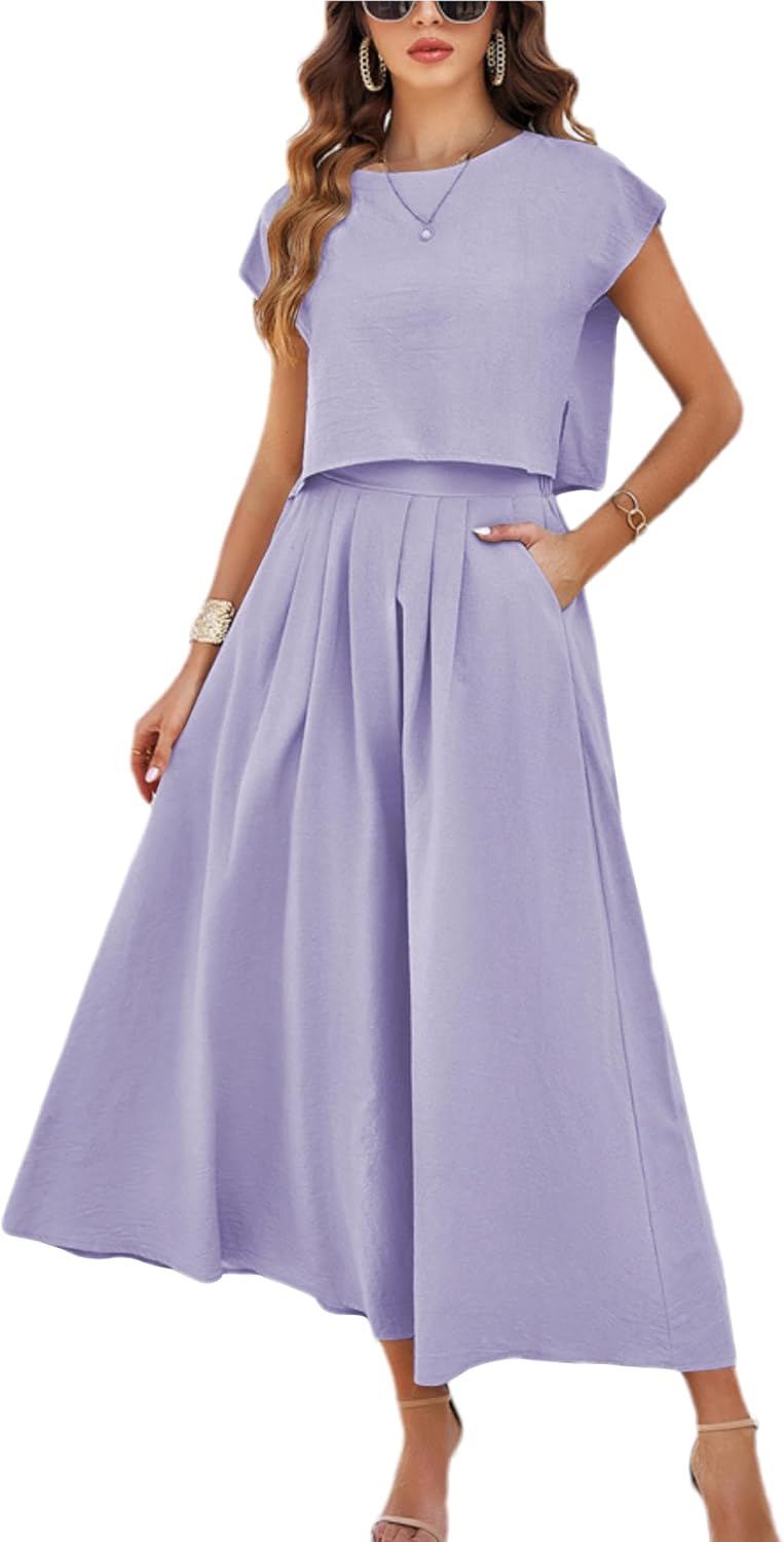 HangNiFang Summer Skirt Sets Women 2 Piece Outfits Maxi Dress Sets Pocketed | Cap Sleeve Side Split Tops, Elastic Waist Maxi Dress, Two Piece Skirt Sets, Two Side Pockets, Flowy Skirt, Cool Fabric