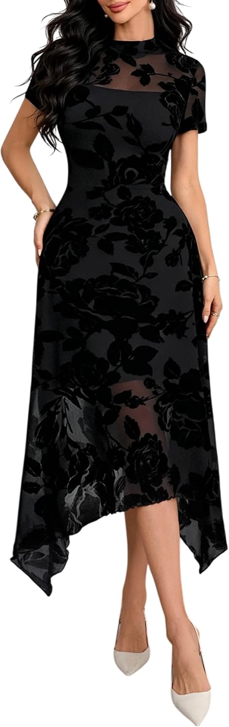 GothDark Women Summer Wedding Guest Floral Mesh Irregular Hem Midi Dress | A-Line, Short Sleeve, Sheer Mesh Overlay, Elegant Vintage Dresses For Party, Semi Formal, Vacation, Dinner, Church