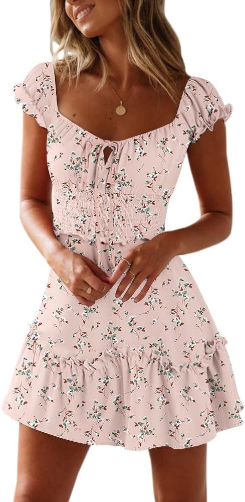 YOBECHO Women Summer Sundress Cap Sleeve Sweetheart Neck Print Mini Dress | Sundresses, Smocked Waist, Boho Floral, Flowy Ruffle Hem, Beach, Country Concert, Date Night