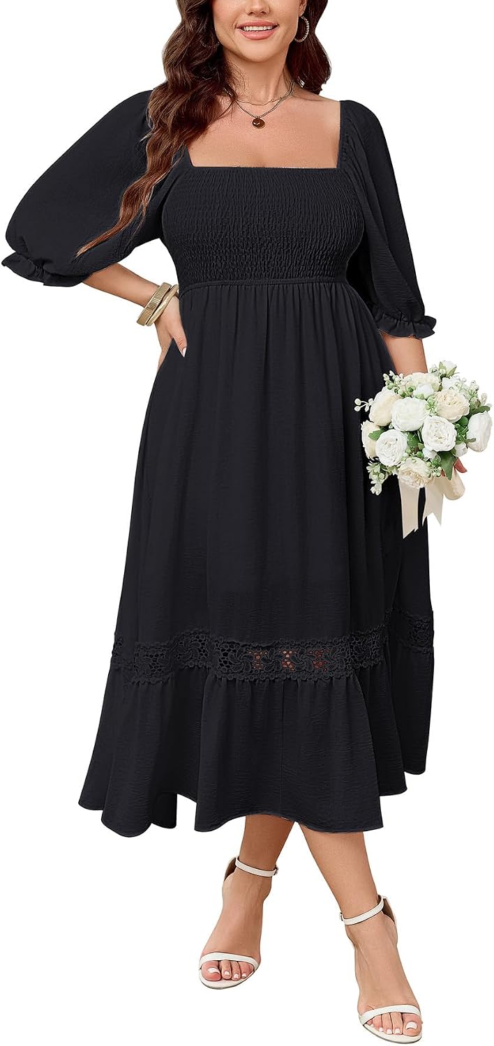 SCOMCHIC Womens 2026 Plus Size Fall Dresses White Bridal Shower Maxi Dress | Square Neck, Smocked, Spring, Flowy A-Line, Lace Trim, Boho, Wedding Guest, Tea Party Dress