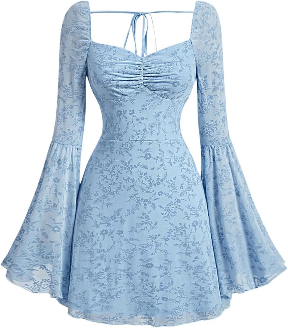 WDIRARA Women's Floral Jacquard Gothic Bell Long Sleeve Dress | Mesh , A Line, Vintage