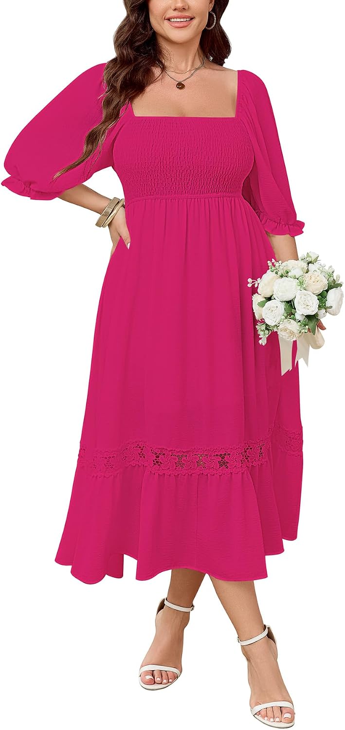 SCOMCHIC Womens 2026 Plus Size Fall Dresses White Bridal Shower Maxi Dress | Square Neck, Smocked, Spring, Flowy A-Line, Lace Trim, Boho, Wedding Guest, Tea Party Dress