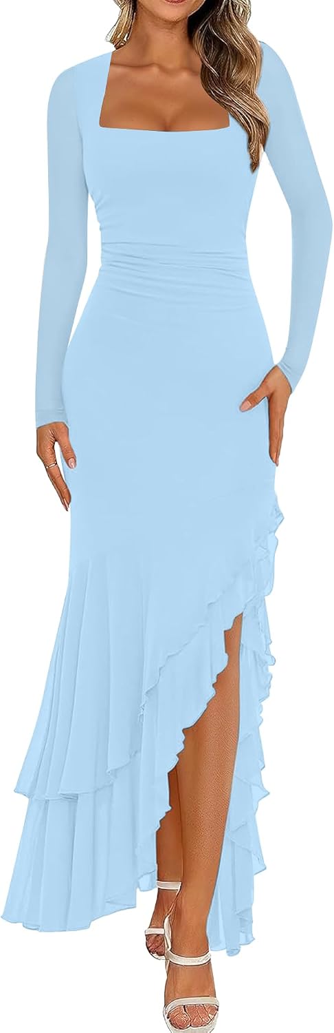 BORIFLORS Women's Bodycon Fall Wedding Guest Long Sleeve Maxi Dress | Mermaid Ruffle, Square Neck, Ruched Mesh,Winter, Elegant, Cocktail Formal Long Dresses