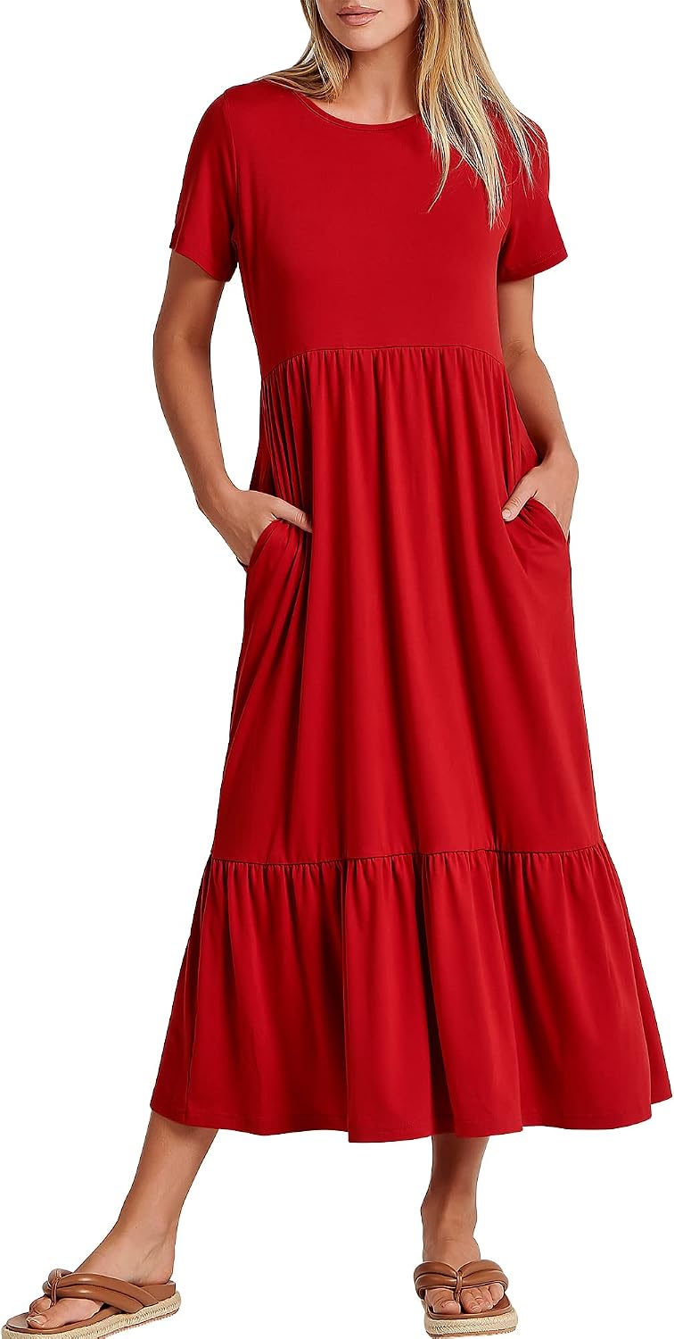 ANRABESS Womens 2026 Summer Casual Short Sleeve Maxi Dress with Pockets | A-Line Tiered Flowy Crewneck T Shirt Dresses，Comfy Modest Long Dress，Beach Travel Vacation Sundress，Work Teacher Outfits