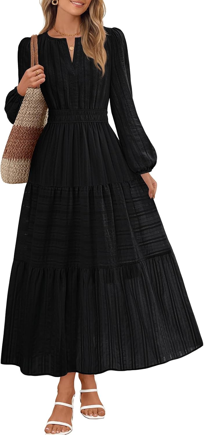 MEROKEETY Womens Fall Puff Long Sleeve Casual V Neck Modest Midi Maxi Dress | 2026, Cotton, with Pockets, Eyelets, Shirred Waist, Tiered, Lined, Winter, Boho, Relaxed Fit, Church, Elegant, Bridal Shower