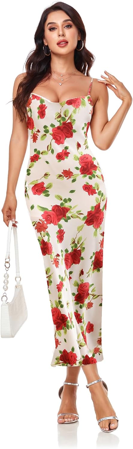 Women's Spaghetti Strap Midi Satin Silk Dresses Slip Cowl Neck Party Cocktail Evening Sexy Dress