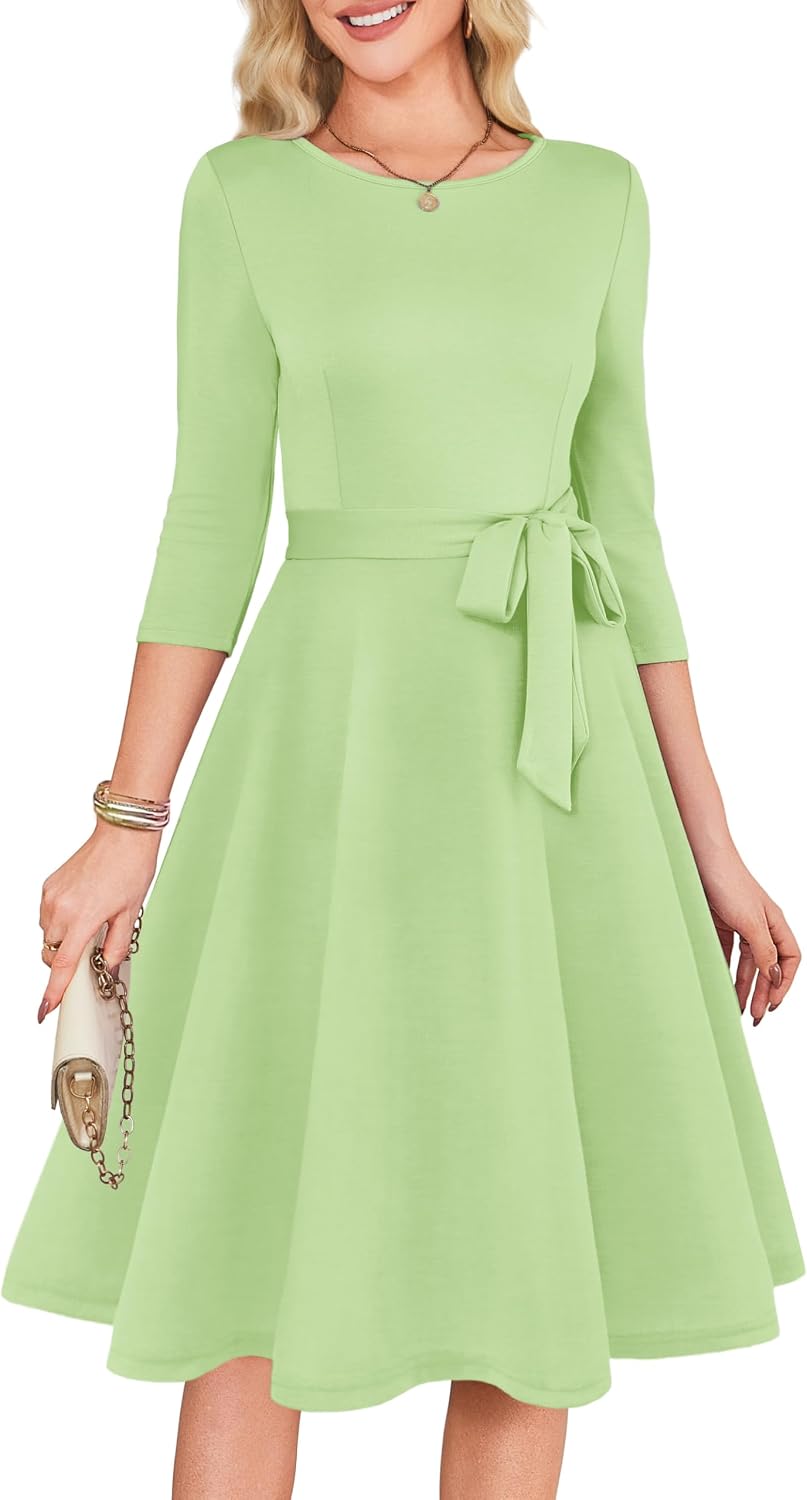 RUMIA Womens Cocktail Dresses 3\/4 Sleeve Dress with Belt (XS-3XL) | Wrinkle-resistant & Tummy-flattering Vintage Fit. Ideal for Wedding Guest, Church, Work, Vacation & Holiday events.