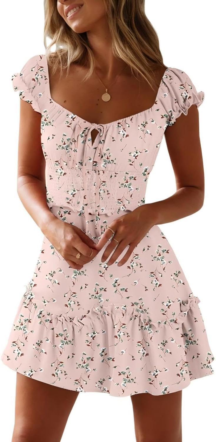 YOBECHO Women Summer Sundress Cap Sleeve Sweetheart Neck Print Mini Dress | Sundresses, Smocked Waist, Boho Floral, Flowy Ruffle Hem, Beach, Country Concert, Date Night