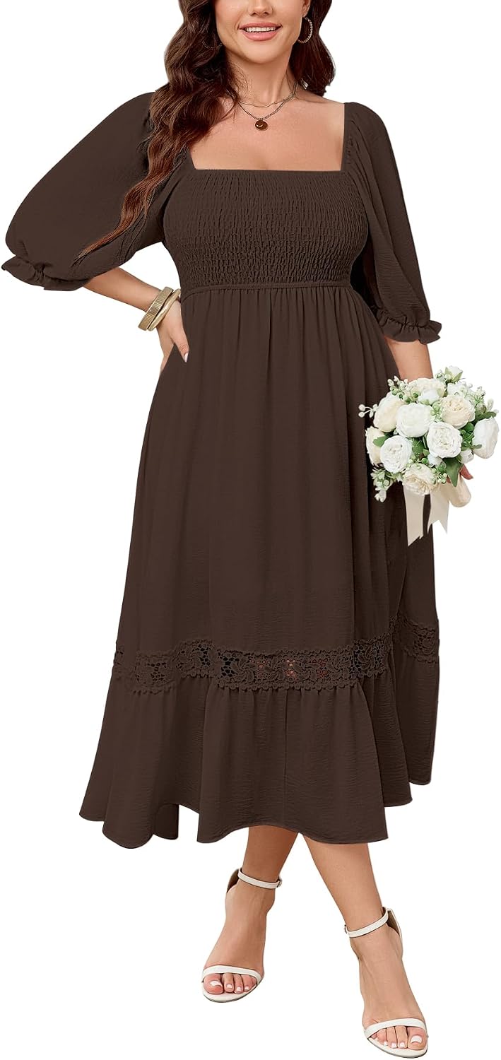SCOMCHIC Womens 2026 Plus Size Fall Dresses White Bridal Shower Maxi Dress | Square Neck, Smocked, Spring, Flowy A-Line, Lace Trim, Boho, Wedding Guest, Tea Party Dress
