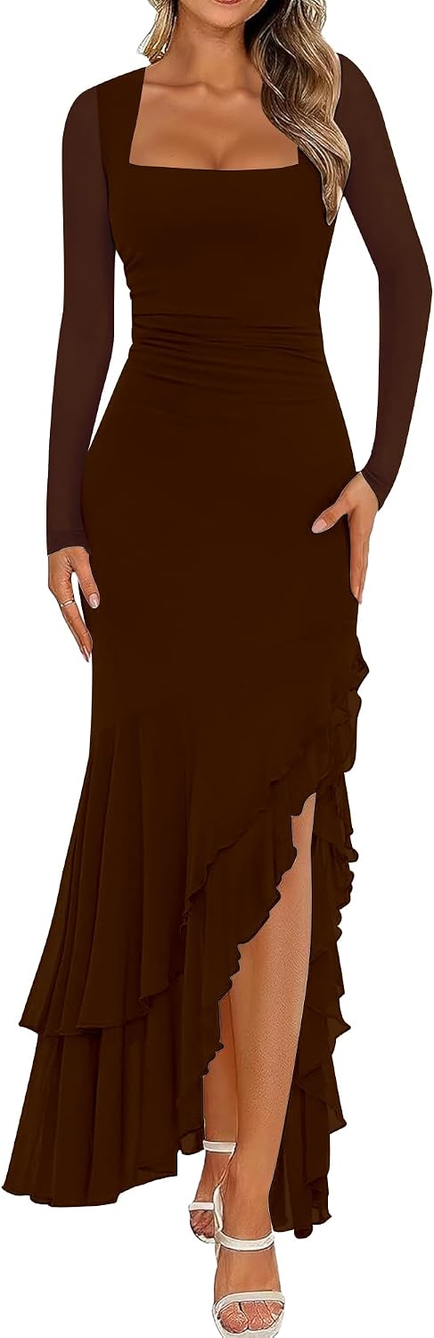 BORIFLORS Women's Bodycon Fall Wedding Guest Long Sleeve Maxi Dress | Mermaid Ruffle, Square Neck, Ruched Mesh,Winter, Elegant, Cocktail Formal Long Dresses