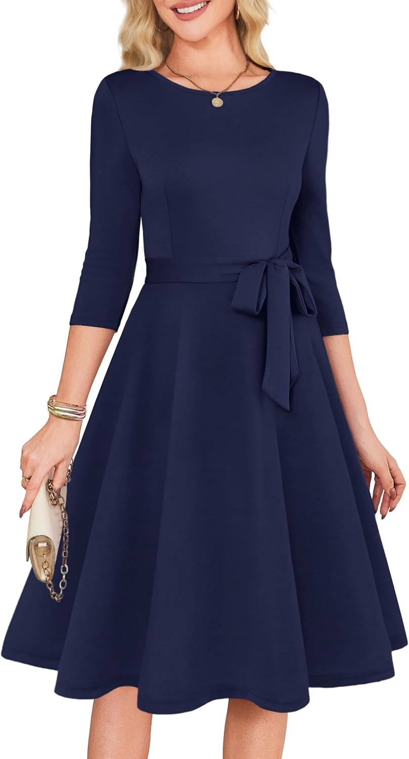 RUMIA Womens Cocktail Dresses 3\/4 Sleeve Dress with Belt (XS-3XL) | Wrinkle-resistant & Tummy-flattering Vintage Fit. Ideal for Wedding Guest, Church, Work, Vacation & Holiday events.