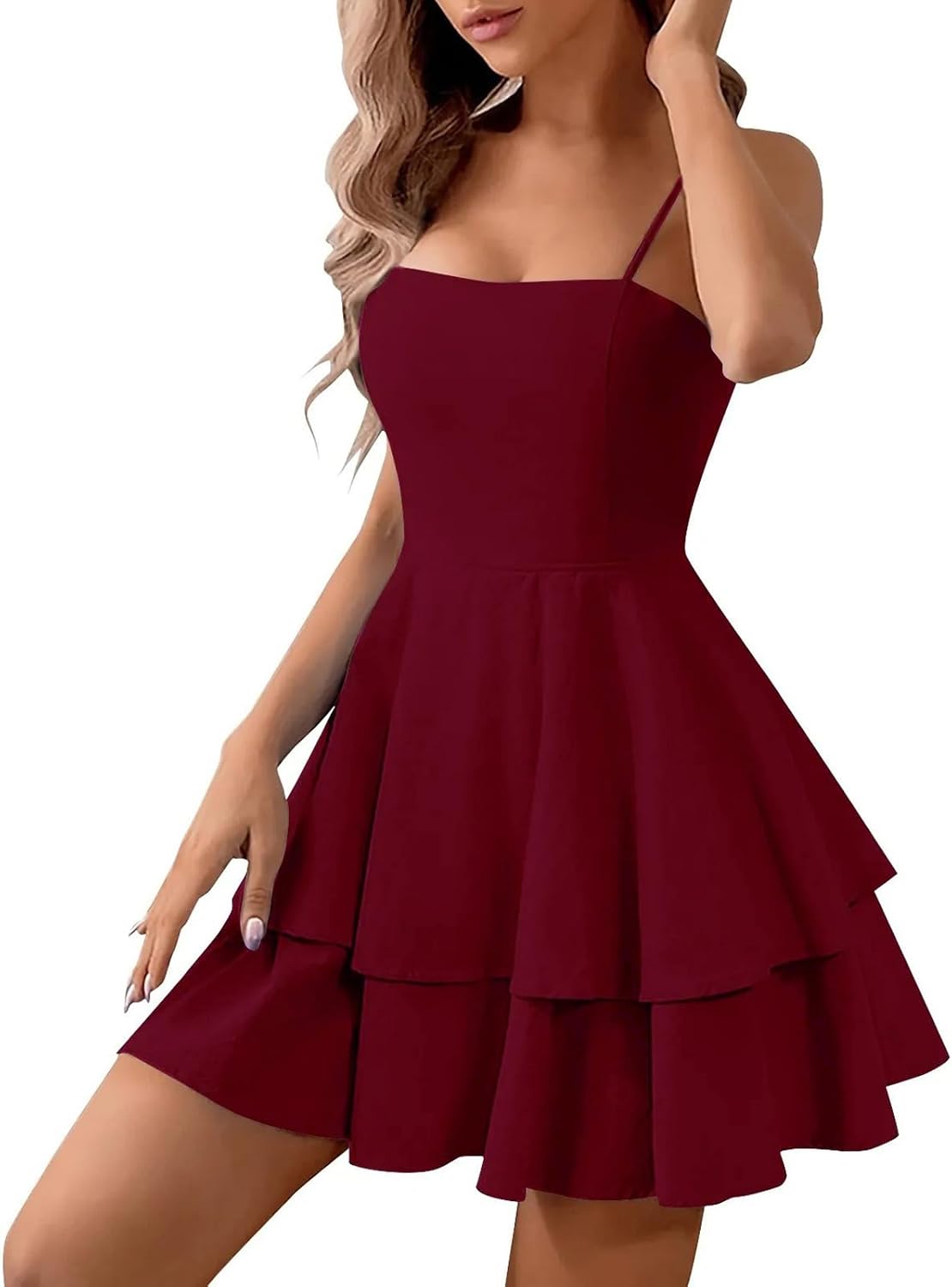 YBSKG Womens Summer Spaghetti Strap Bow Tie Tiered Layer Short Mini Dress | Backless, Solid Color, Sexy Sundress, Party Club Dresses