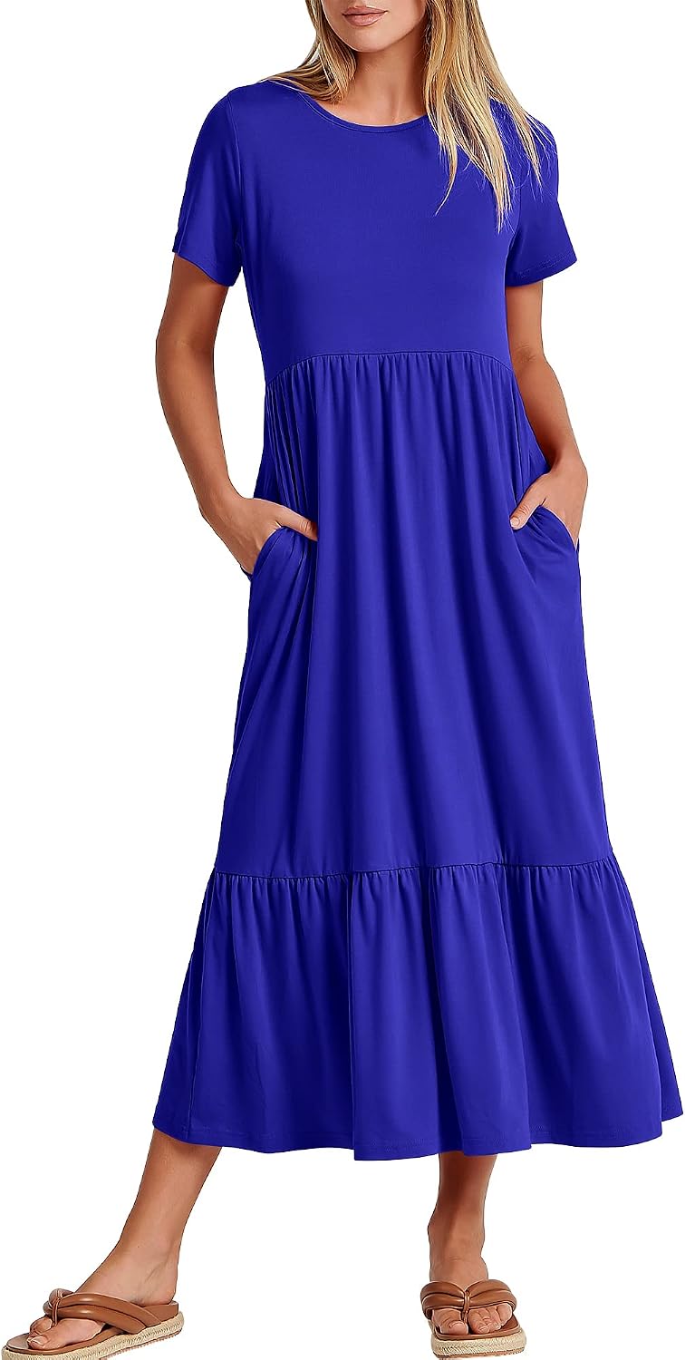 ANRABESS Womens 2026 Summer Casual Short Sleeve Maxi Dress with Pockets | A-Line Tiered Flowy Crewneck T Shirt Dresses，Comfy Modest Long Dress，Beach Travel Vacation Sundress，Work Teacher Outfits