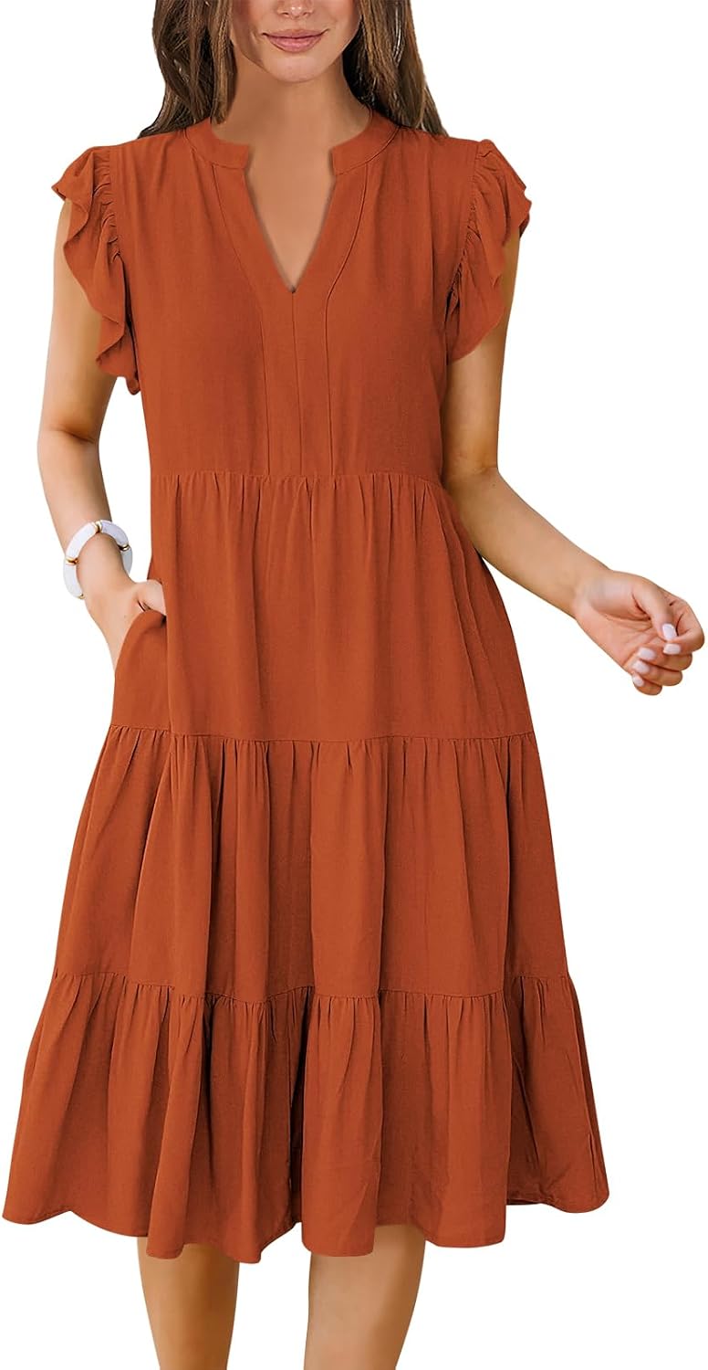 ANRABESS Womens Summer Dress Ruffle Sleeve V Neck Midi Dresses | Flowy Tiered Boho Beach Sundress, Casual Fit Knee Length, Fashion Vacation Work Outfits 2026