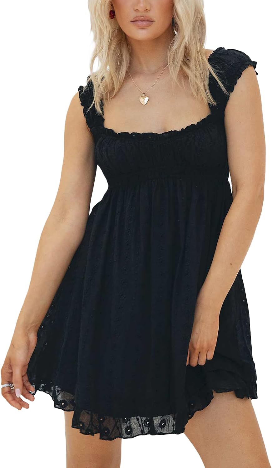 Cjfdfy Women's Floral Embroidered Babydoll Mini Dress | Summer Sundress, Casual Loose Fit, A-Line Flowy, Sleeveless Square Neck, Ruffle Thick Strap, Beach Vacation Country Clothes