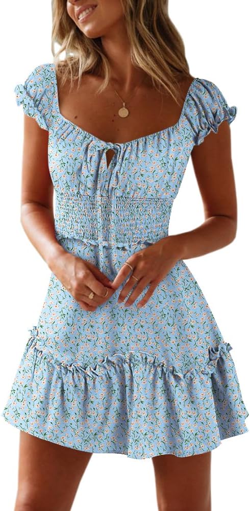 YOBECHO Women Summer Sundress Cap Sleeve Sweetheart Neck Print Mini Dress | Sundresses, Smocked Waist, Boho Floral, Flowy Ruffle Hem, Beach, Country Concert, Date Night