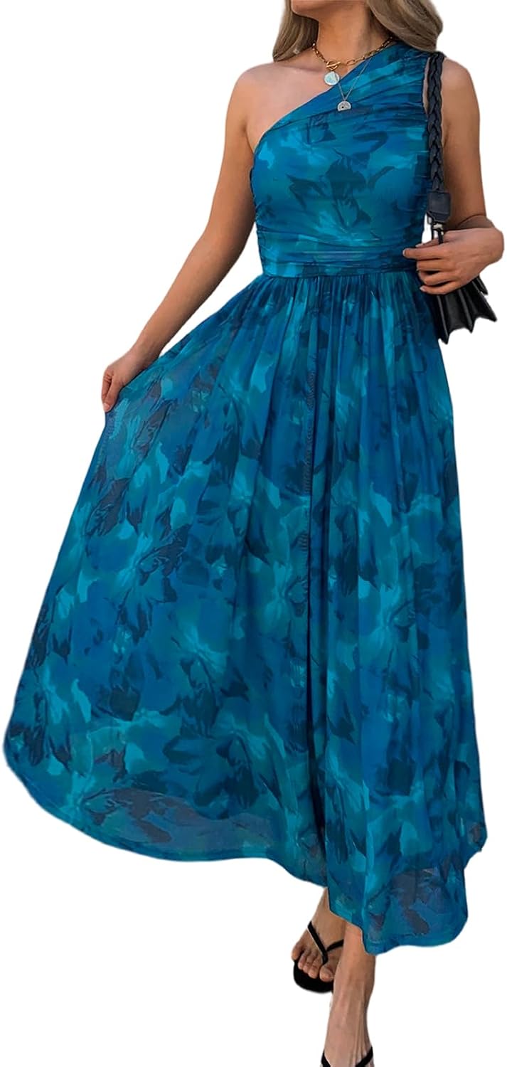 Evzeiem Women One Shoulder Floral Wedding Guest Maxi Dresses | Spring Summer Boho Beach Vacation Resort Dress,Flowy Party Garden Cruise Outfit Sundress, Ruched Mesh Night Out Formal Dress