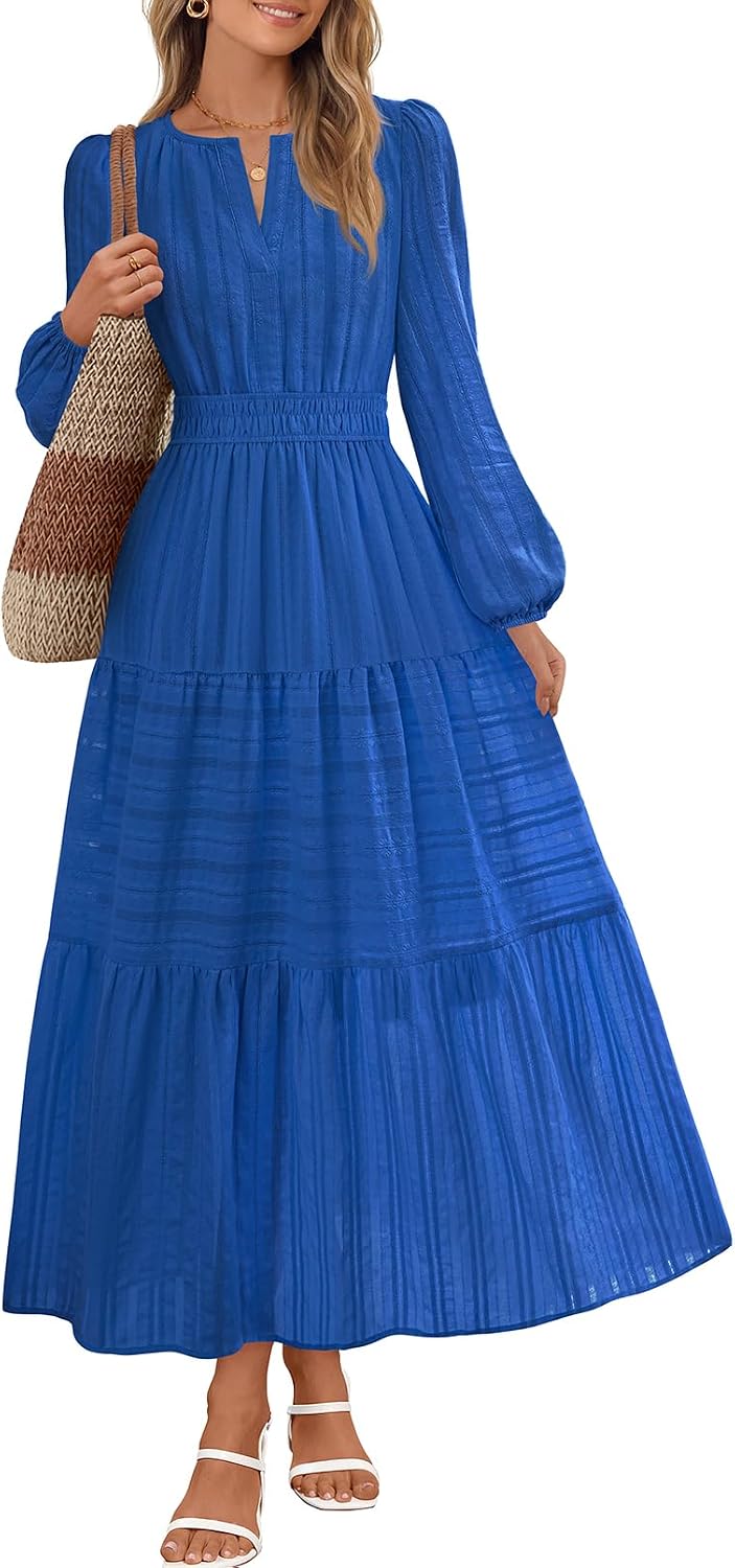 MEROKEETY Womens Fall Puff Long Sleeve Casual V Neck Modest Midi Maxi Dress | 2026, Cotton, with Pockets, Eyelets, Shirred Waist, Tiered, Lined, Winter, Boho, Relaxed Fit, Church, Elegant, Bridal Shower