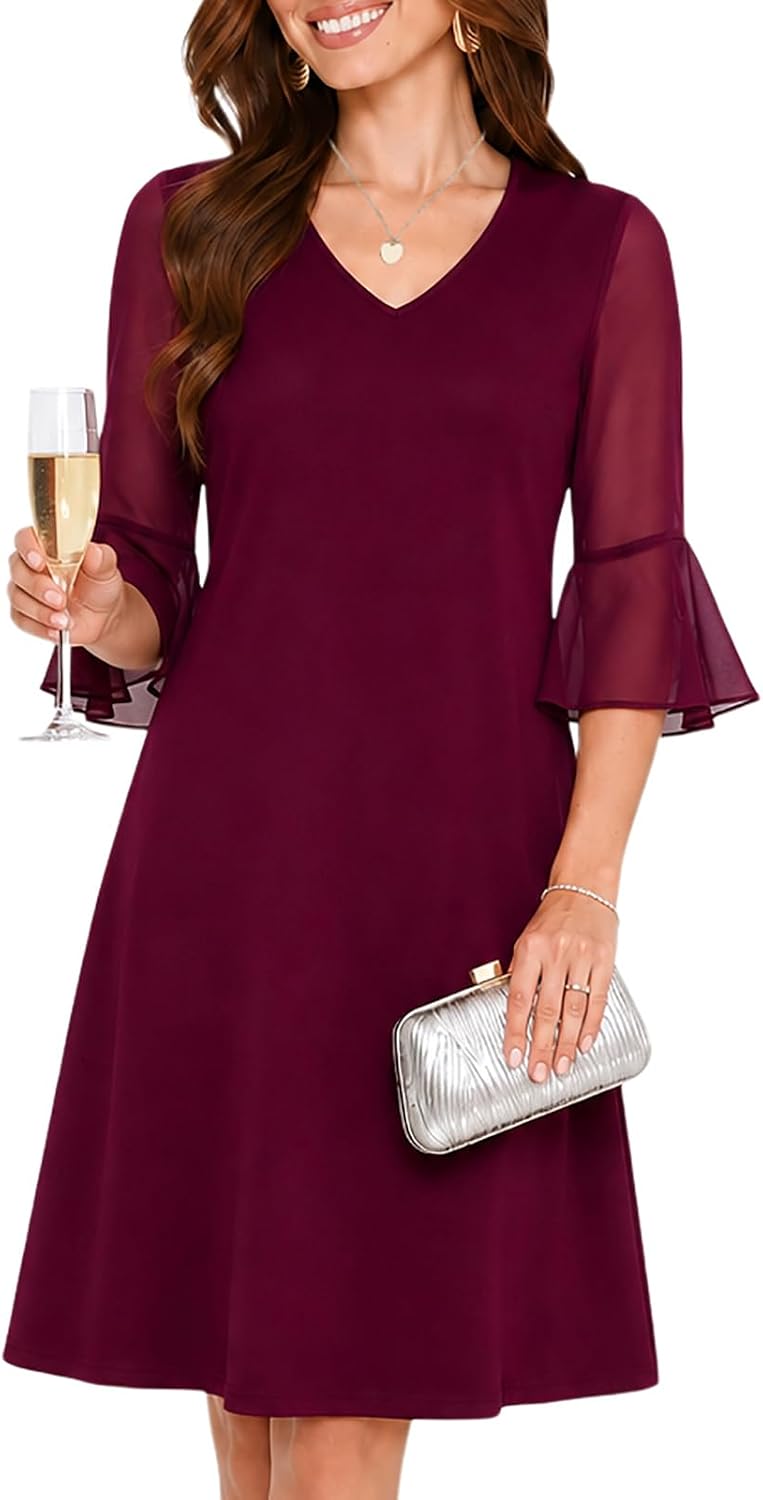 oten Women's Chiffon Wedding Guest Formal Cocktial Dinner Short Party Dress | Chiffon Half Bell Sleeve, V Neck, A-Line,Knee Length, Tummy-Flattering Fit, Short Cocktail Dress,Elegant Party Dress