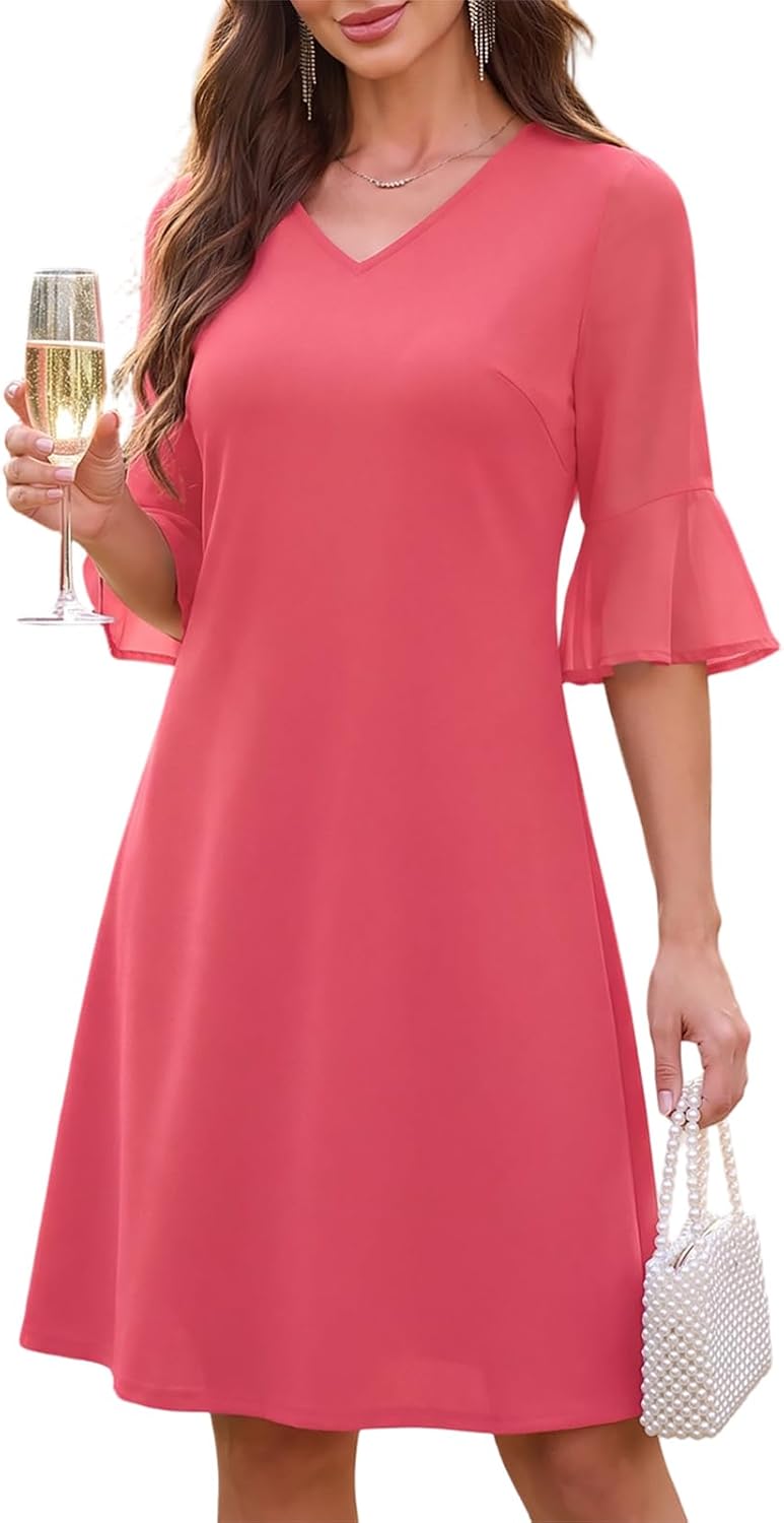 oten Women's Chiffon Wedding Guest Formal Cocktial Dinner Short Party Dress | Chiffon Half Bell Sleeve, V Neck, A-Line,Knee Length, Tummy-Flattering Fit, Short Cocktail Dress,Elegant Party Dress