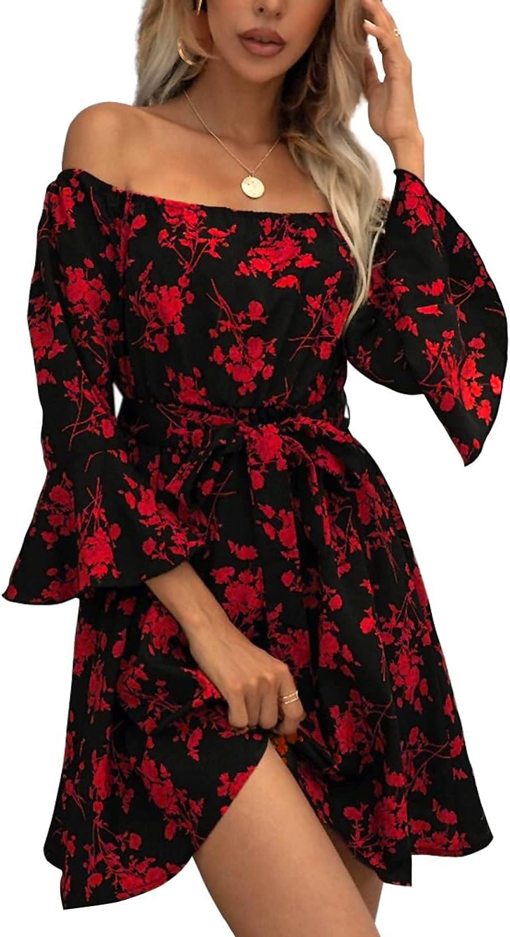 JECEIKA Fall Dress for Women, Off Shoulder Spring Dress for Wedding Guest | Ruffle Long Sleeves Fitted Bust Midi Dress,with Belt,for Mother's Day,Thanksgiving,Wedding Guest,Graduation,Valentine's Day