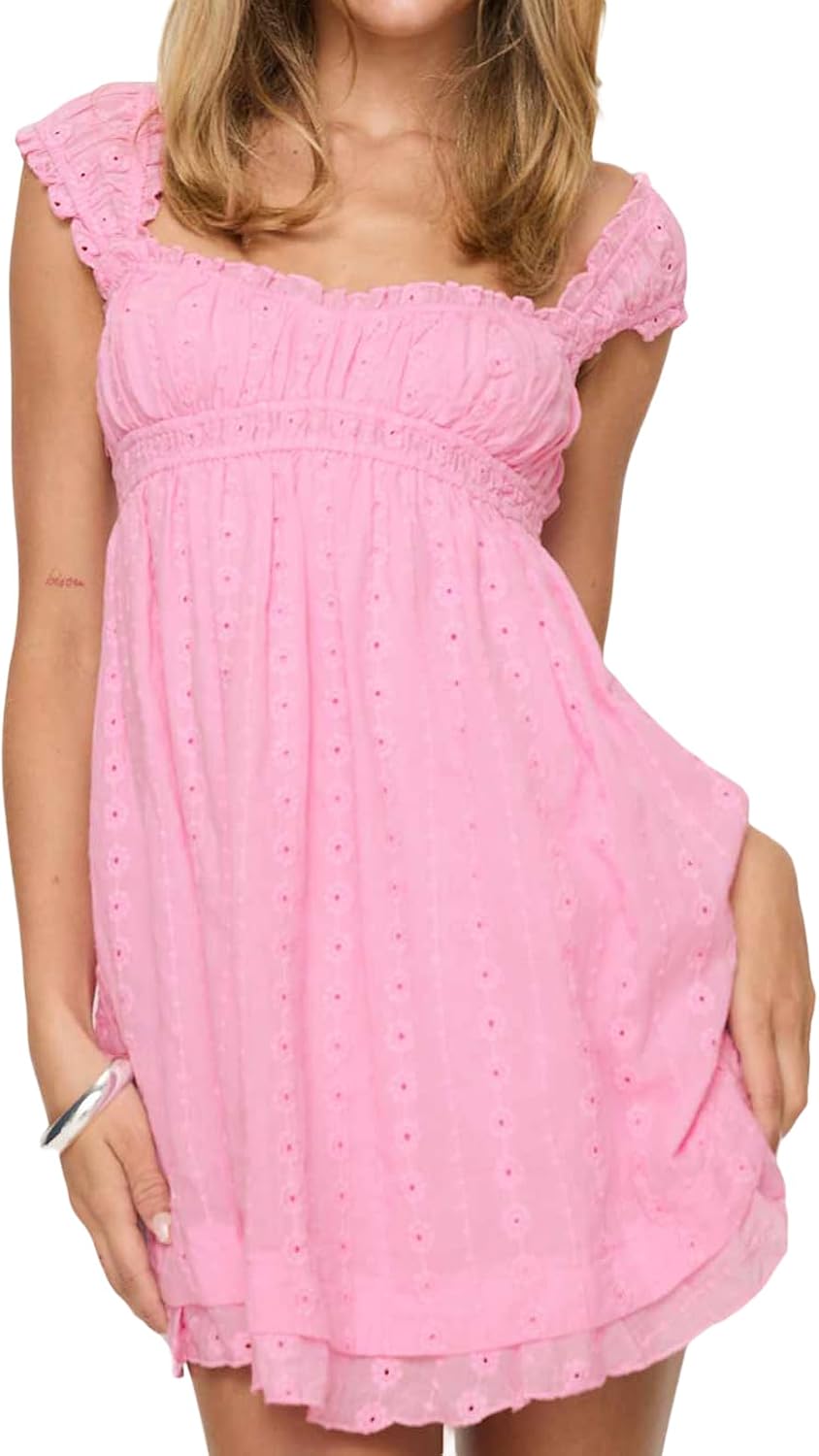 Cjfdfy Women's Floral Embroidered Babydoll Mini Dress | Summer Sundress, Casual Loose Fit, A-Line Flowy, Sleeveless Square Neck, Ruffle Thick Strap, Beach Vacation Country Clothes