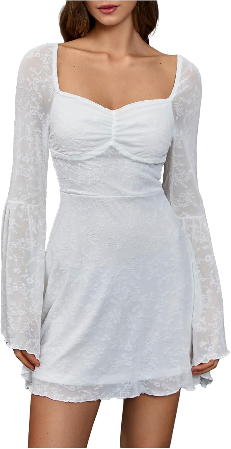 WDIRARA Women's Floral Jacquard Gothic Bell Long Sleeve Dress | Mesh , A Line, Vintage