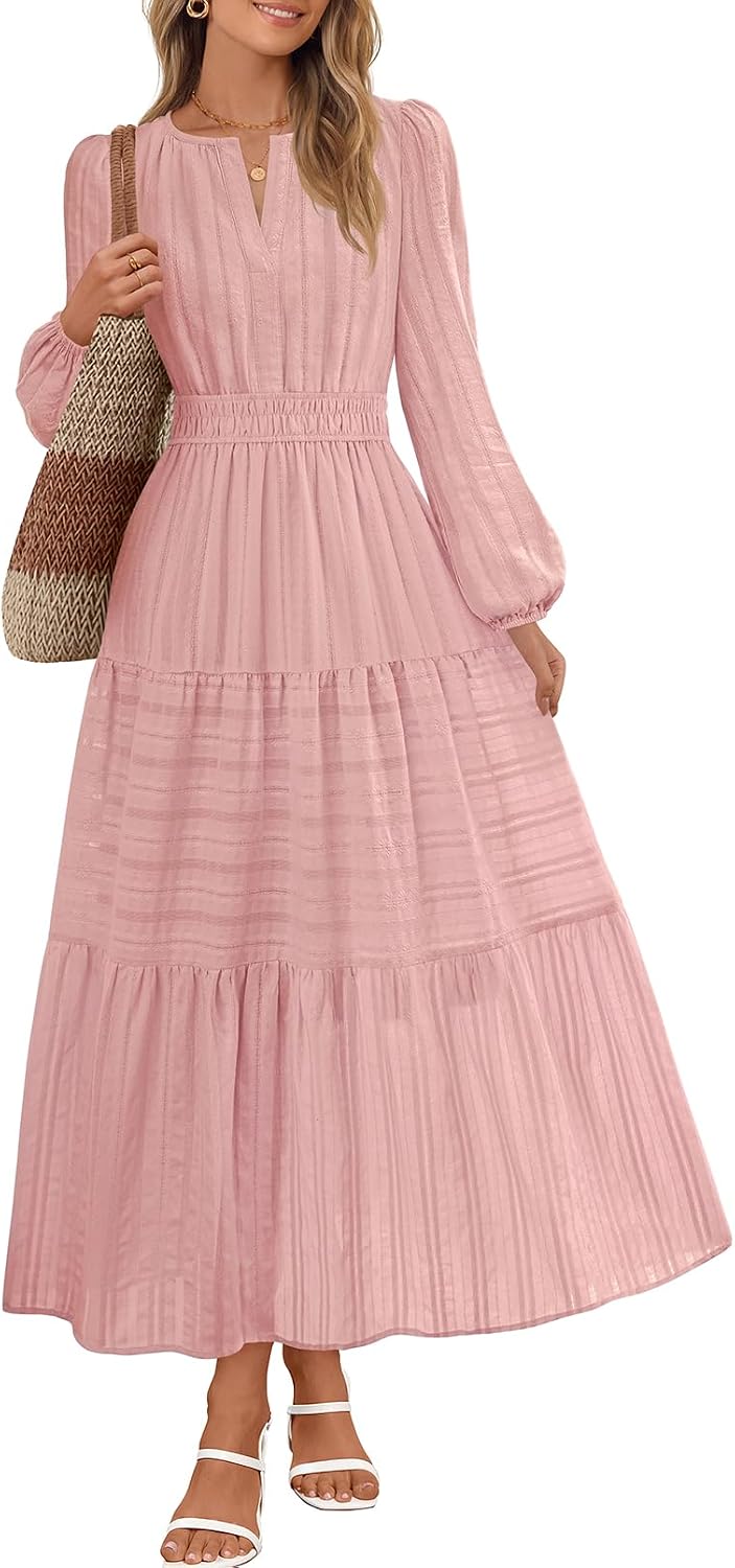 MEROKEETY Womens Fall Puff Long Sleeve Casual V Neck Modest Midi Maxi Dress | 2026, Cotton, with Pockets, Eyelets, Shirred Waist, Tiered, Lined, Winter, Boho, Relaxed Fit, Church, Elegant, Bridal Shower