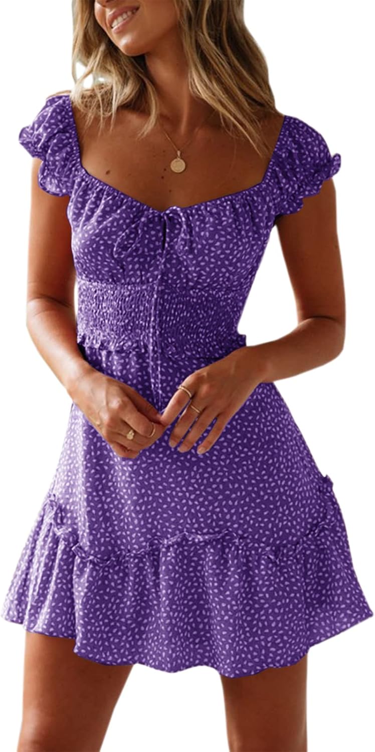 YOBECHO Women Summer Sundress Cap Sleeve Sweetheart Neck Print Mini Dress | Sundresses, Smocked Waist, Boho Floral, Flowy Ruffle Hem, Beach, Country Concert, Date Night