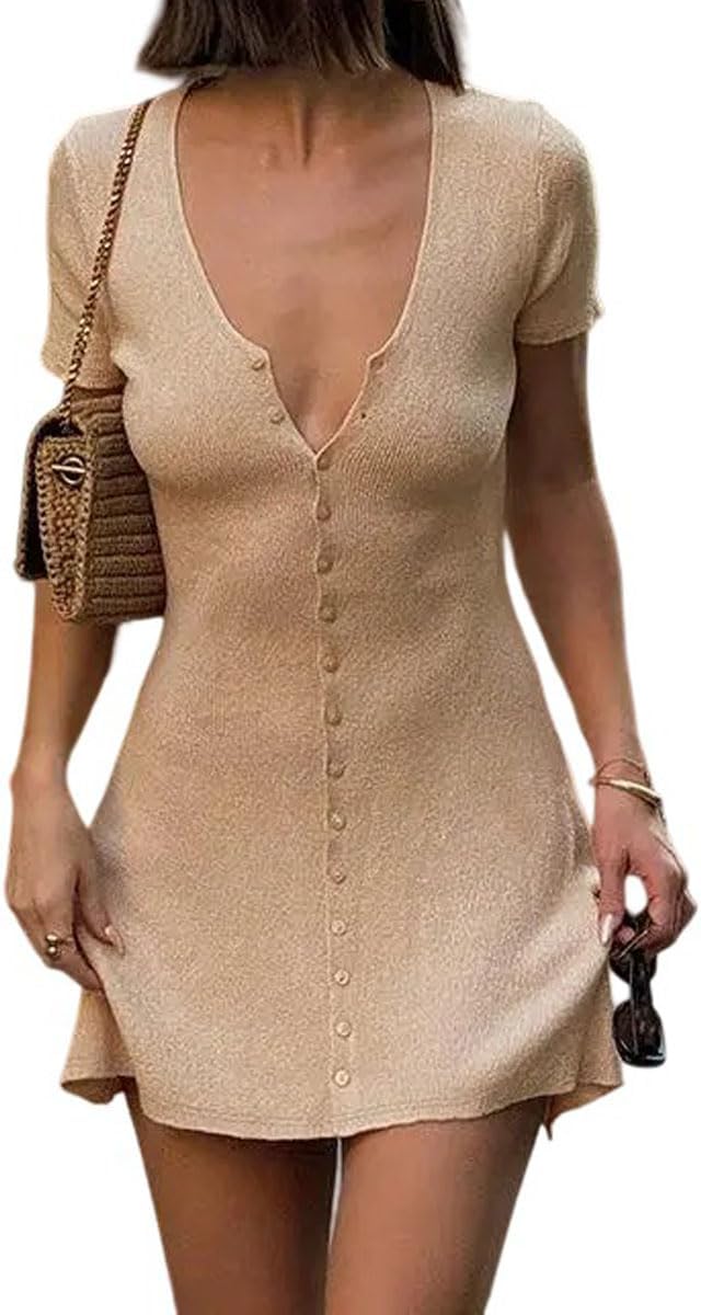 GCZREN Women Sexy Deep V Neck Button Front Knit Mini Dress Elegant Short Sleeve Ribbed Flowy Hem A-Line Short Dress