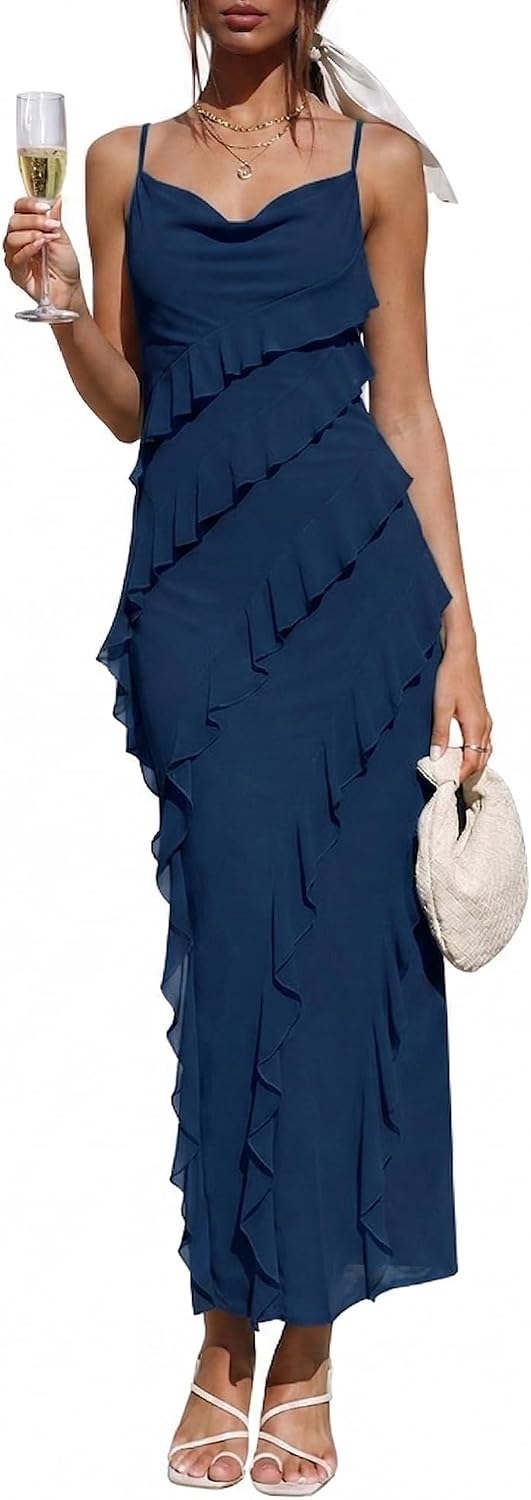 OULESIS Wedding Guest Dress for Women Ruffle Spaghetti Strap Formal Dresses | Summer Wedding Guest Dress for Women 2026 Spaghetti Strap Bodycon Maxi Dress Ruffle Formal Cocktail Dresses