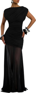 YMDUCH Women's Elegant Sleeveless Ruched Bodycon Long Party Dress | Formal,Evening,Mesh,Club,Cocktail,Stretch,Comfy,Date,Wedding Guest,Bridesmaid,Vacation,Trendy,Fashion,Holiday