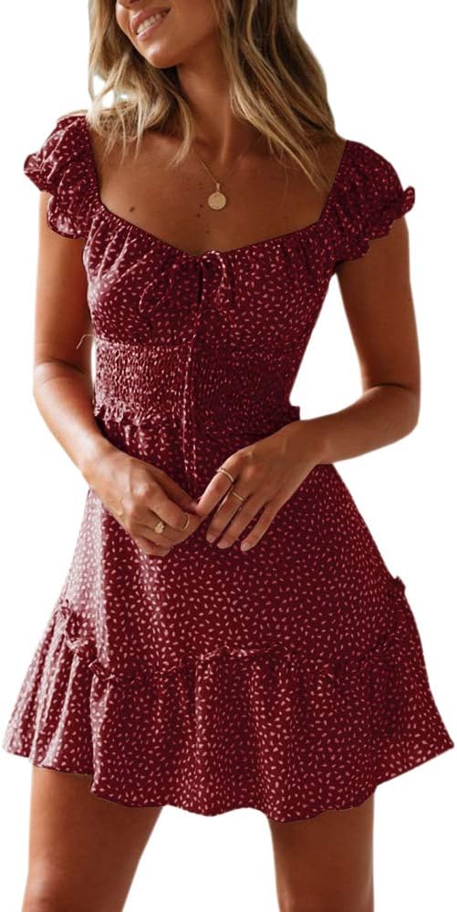 YOBECHO Women Summer Sundress Cap Sleeve Sweetheart Neck Print Mini Dress | Sundresses, Smocked Waist, Boho Floral, Flowy Ruffle Hem, Beach, Country Concert, Date Night